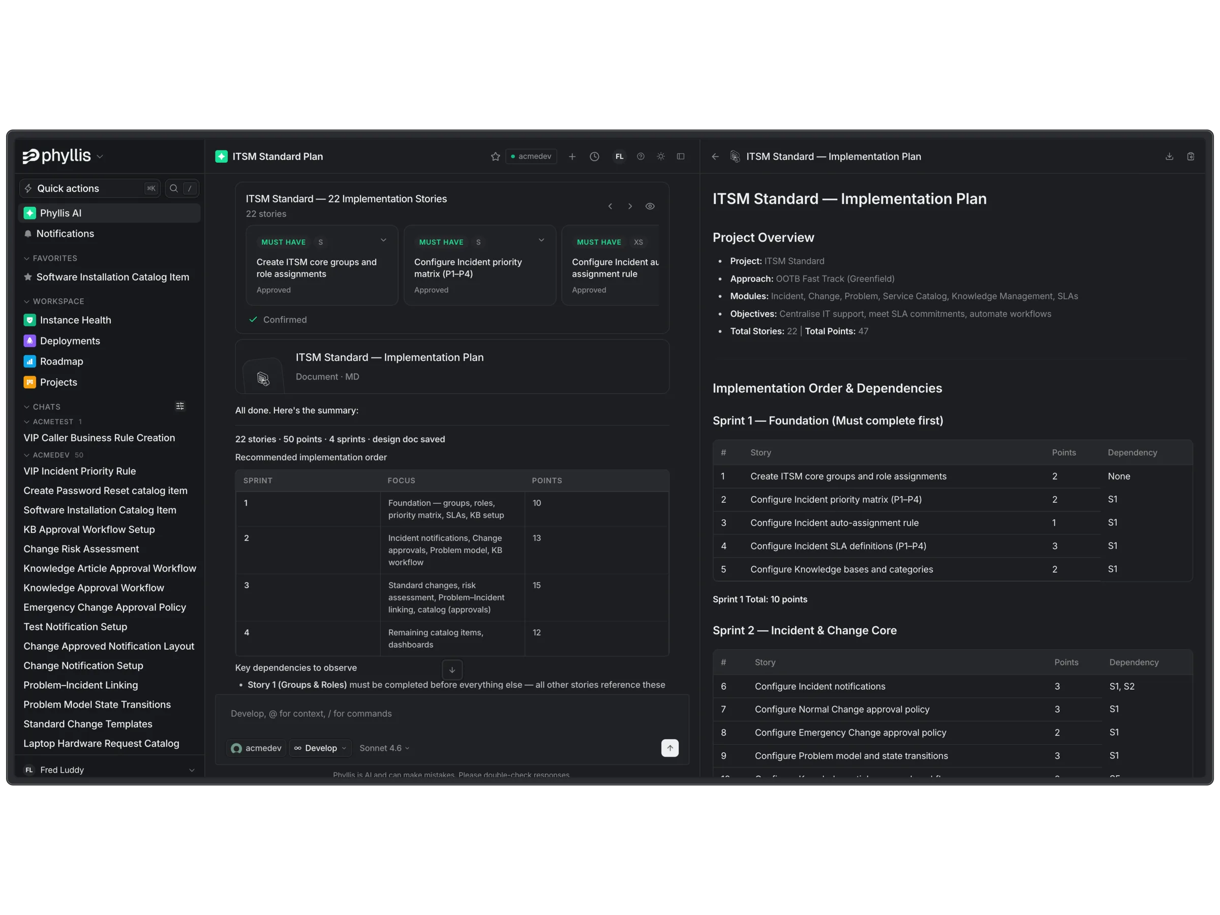 Phyllis sequencing an ITSM Standard implementation plan against a live instance